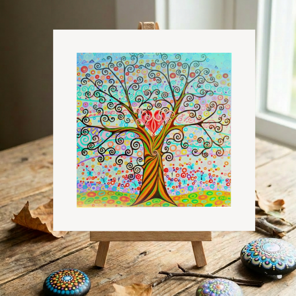 Colourful tree of life painting on a small easel with decorative stones and twigs on a wooden surface.