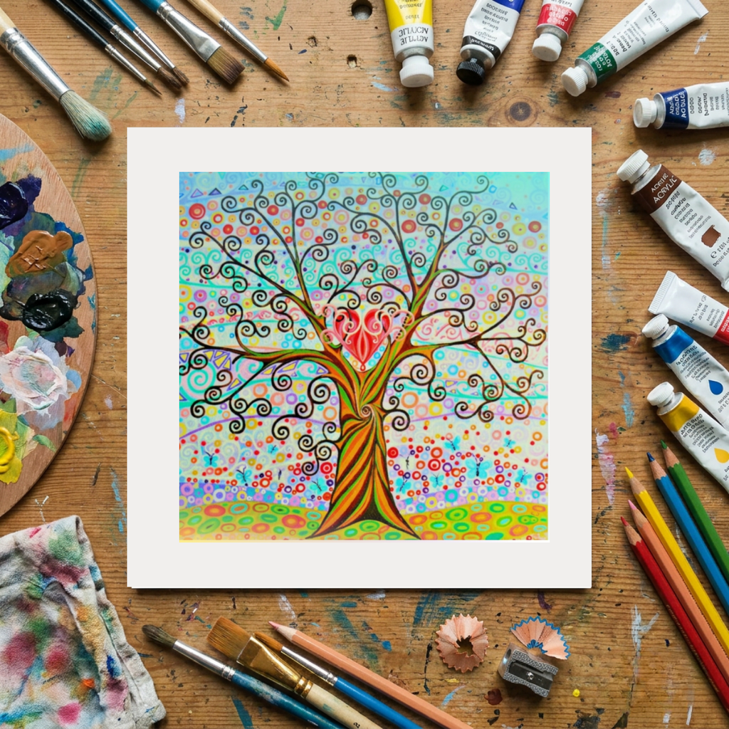 Colourful tree artwork on a wooden surface with art supplies