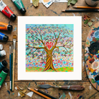 Colourful tree of life of life painting on a wooden surface with art supplies.