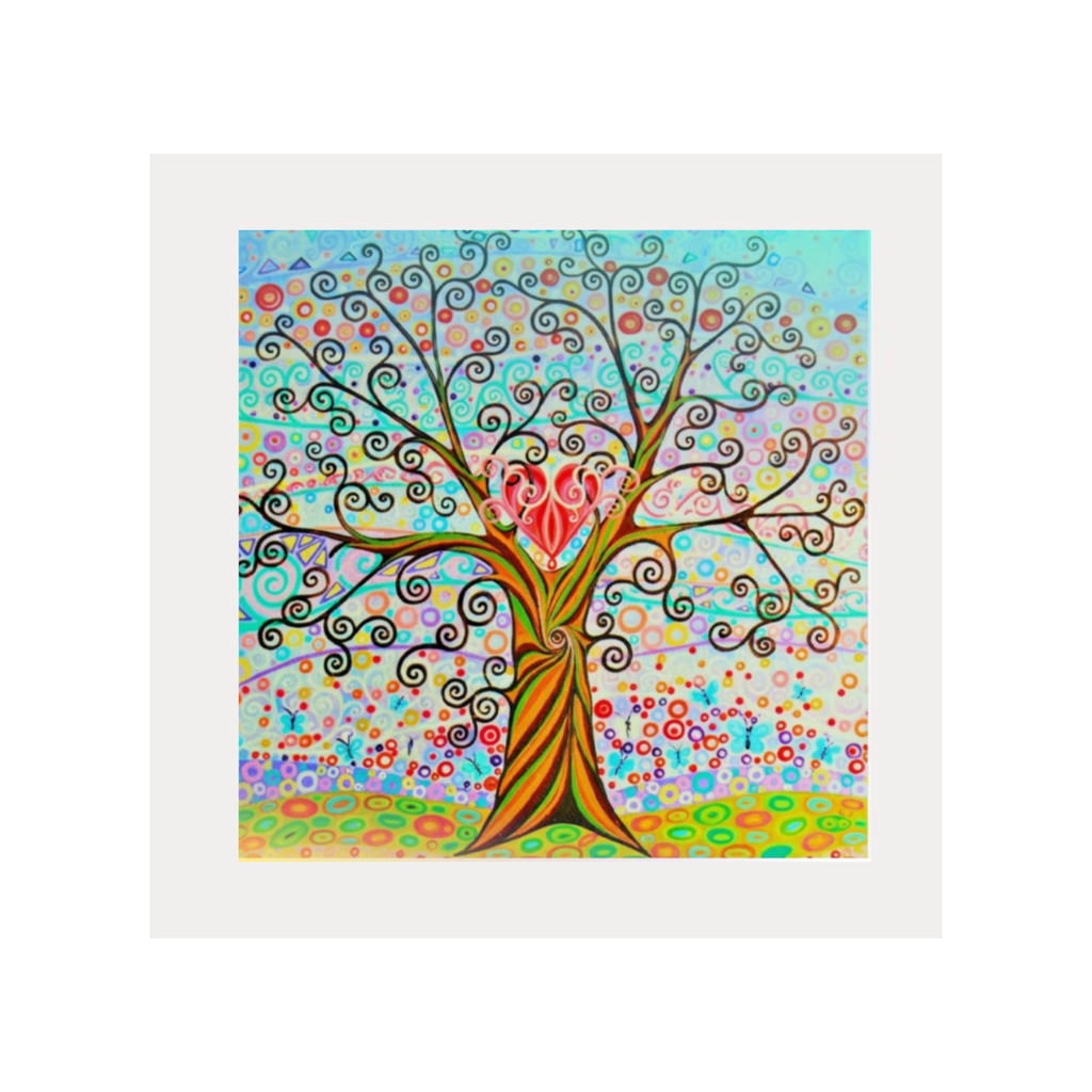 Colourful abstract tree of life painting with a white frame on a white background