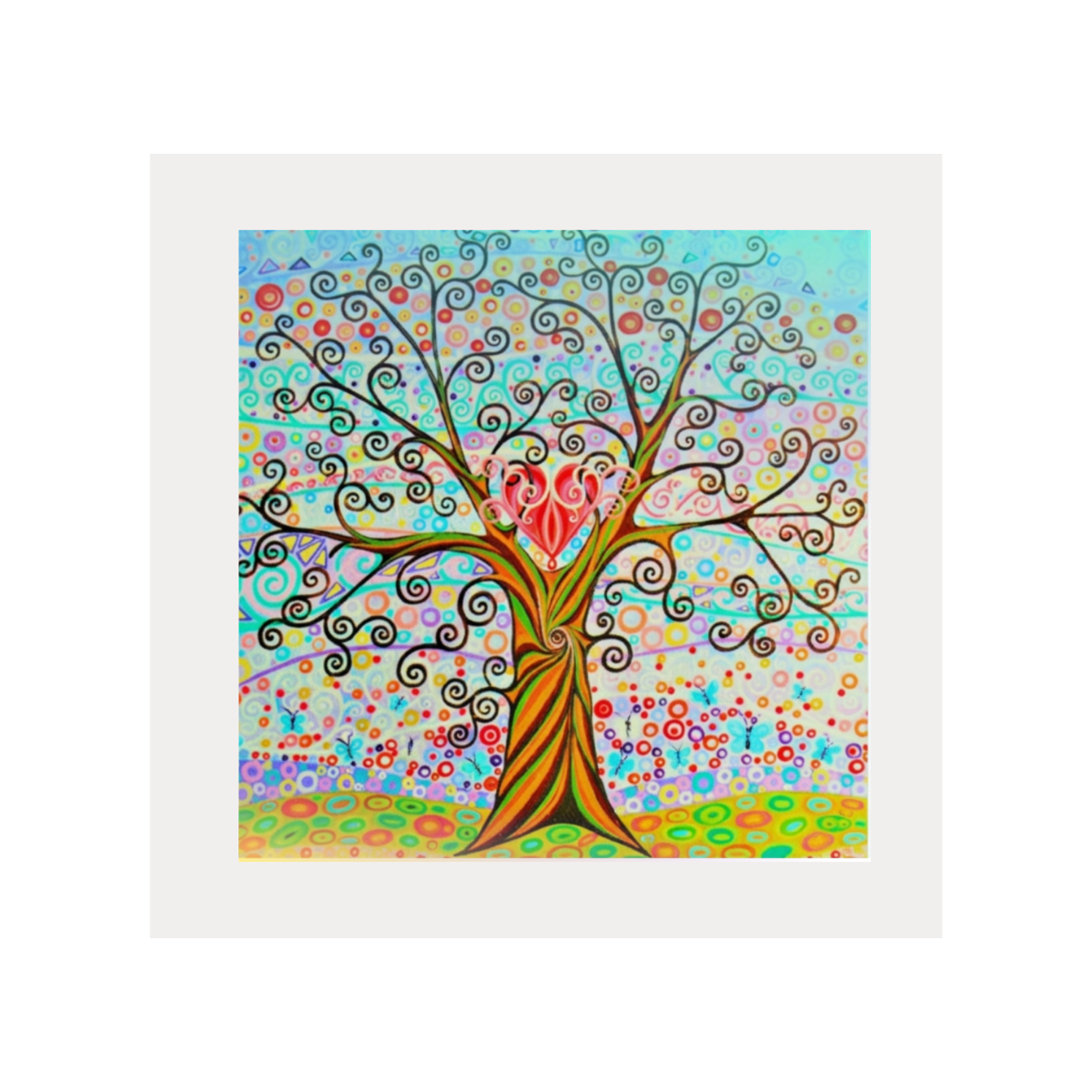 Colourful abstract tree of life painting with a white frame on a white background