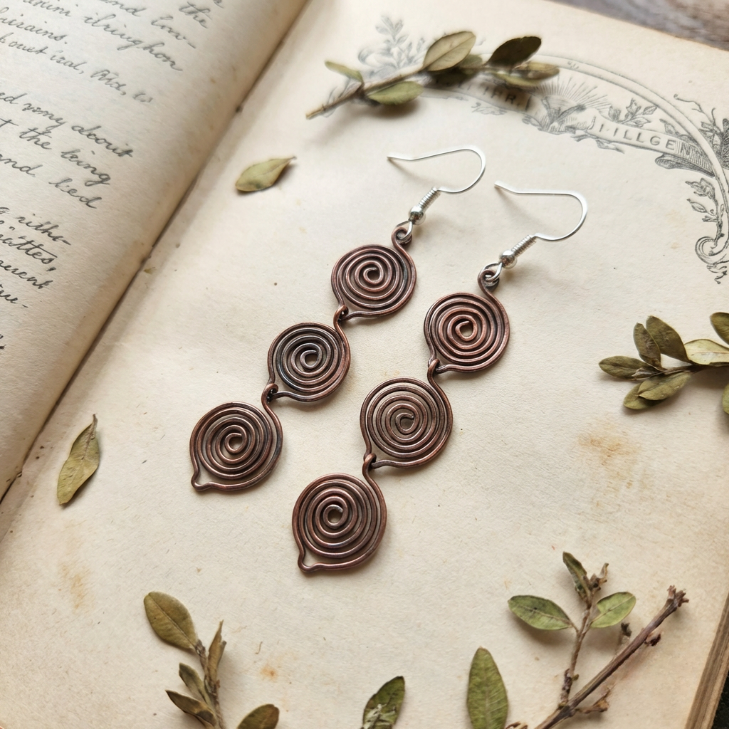 Triple teardrop copper earrings flat lay, handmade copper jewellery, gift for her UK