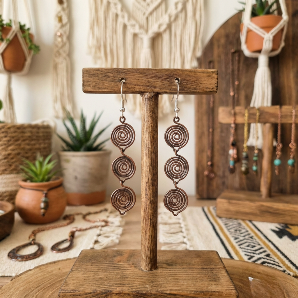 Triple teardrop copper earrings close-up detail, cascading wire teardrop design handmade UK