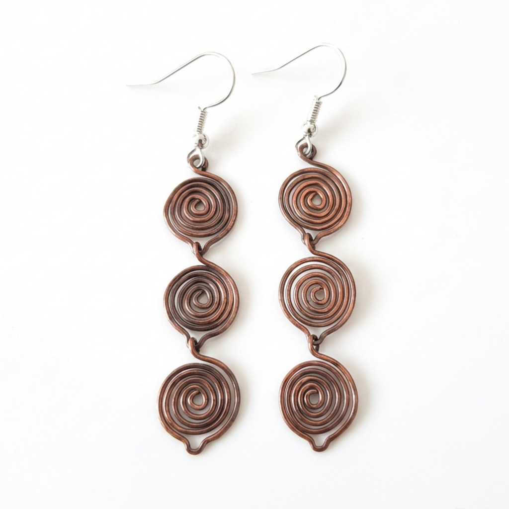 Triple teardrop copper earrings, full view, handmade boho drop earrings, gift for her UK
