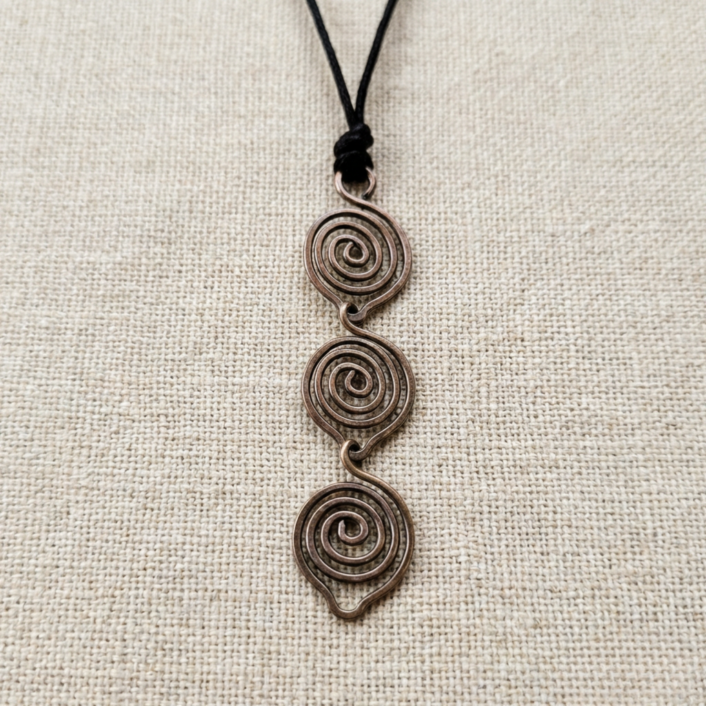 Necklace with spiral pendant on a beige fabric background