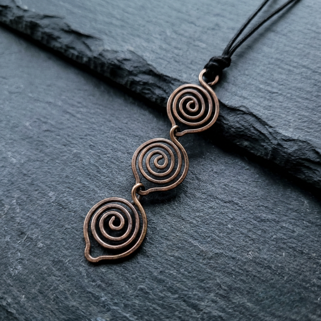 Bronze spiral pendant on a dark stone surface