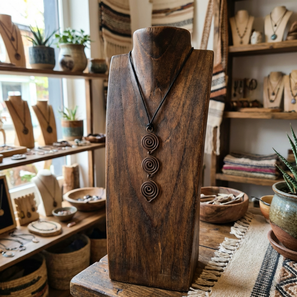 Wooden necklace stand with a spiral pendant in a jewelry store setting