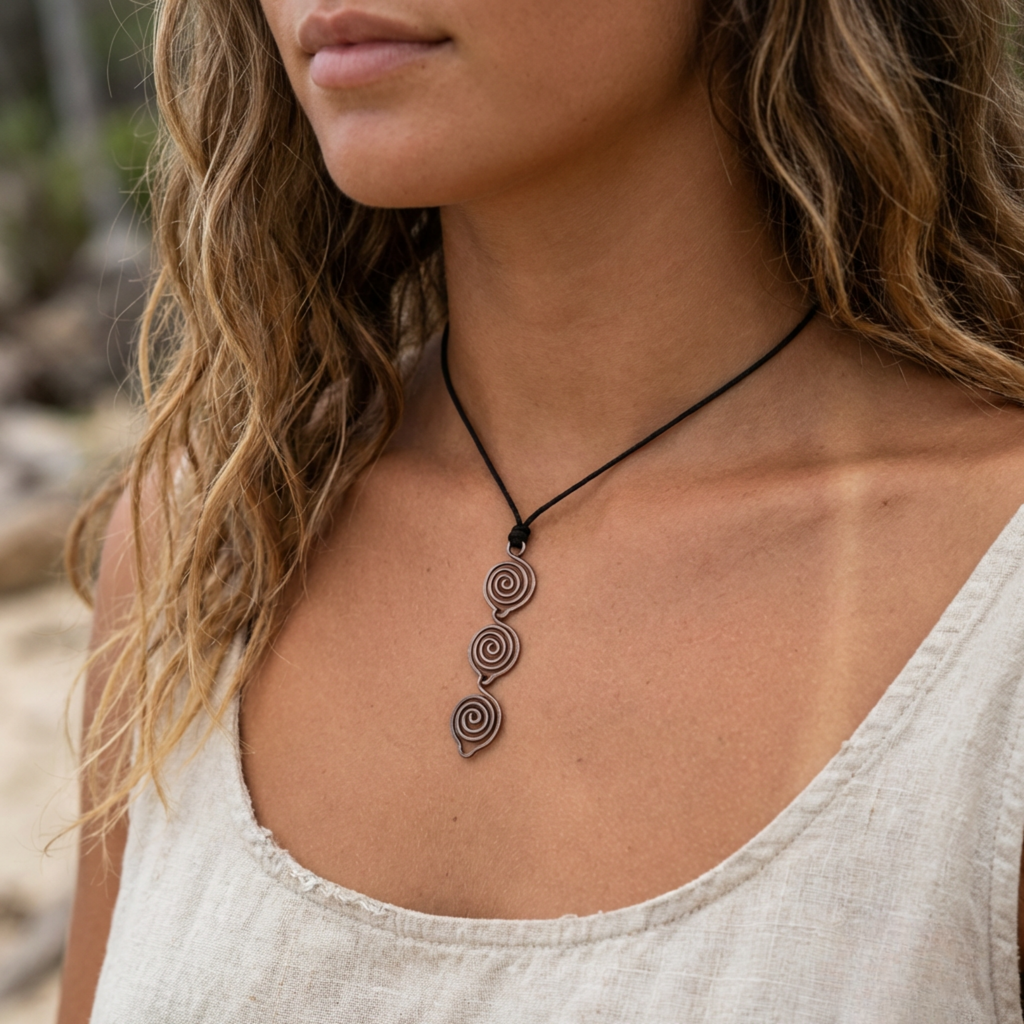 Woman wearing a necklace with a spiral pendant on a blurred natural background