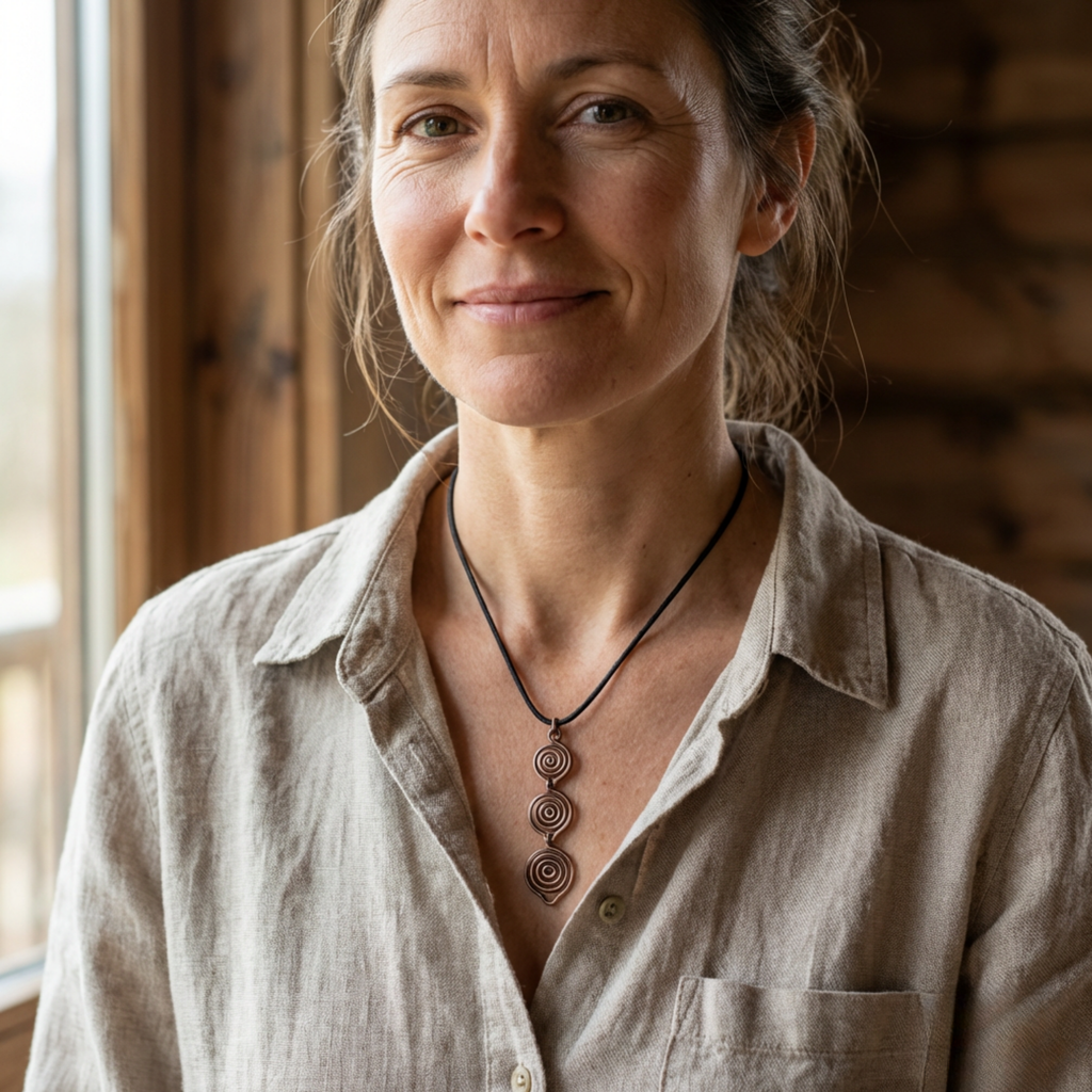 Woman wearing a beige shirt and a copper spiral necklace indoors