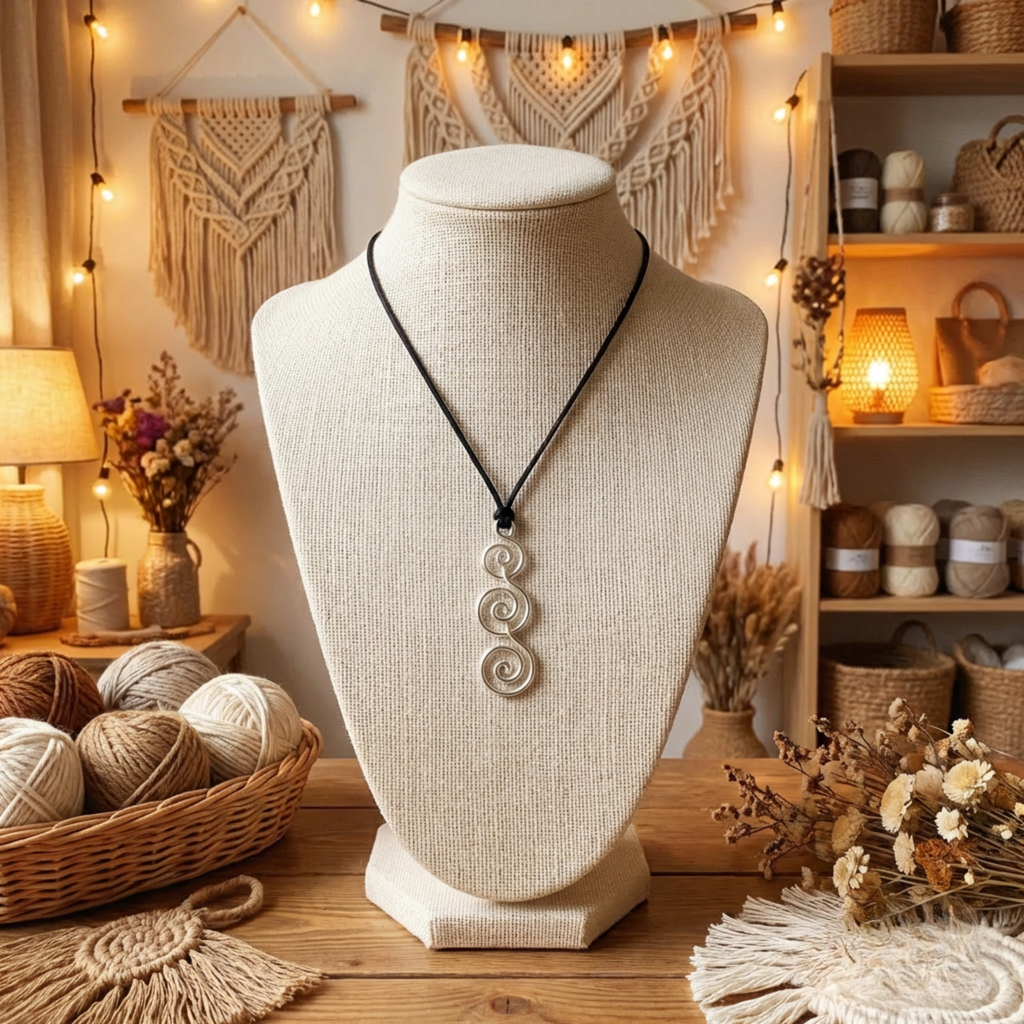 Necklace on a mannequin bust in a cozy room with decorative items