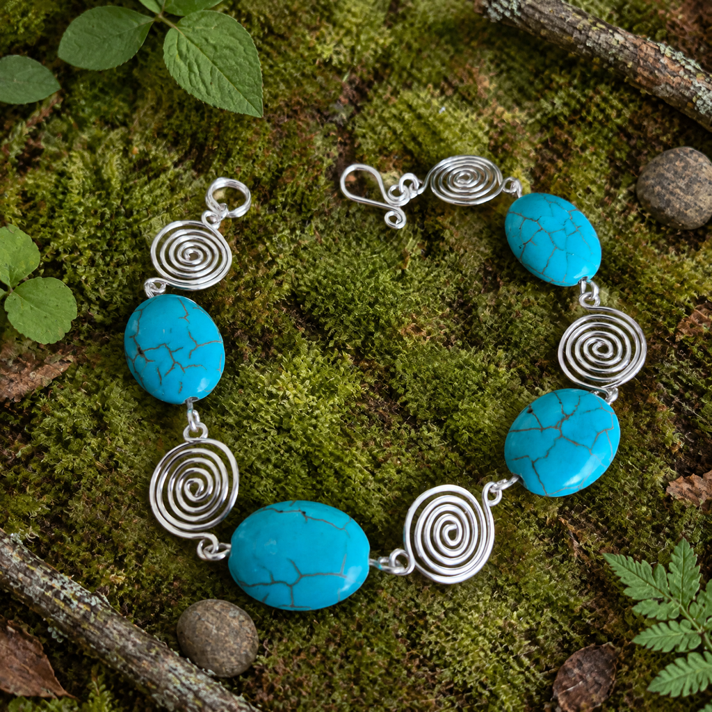 Turquoise Silver Spiral Bracelet, Handmade Wire Jewellery, Gift for Her