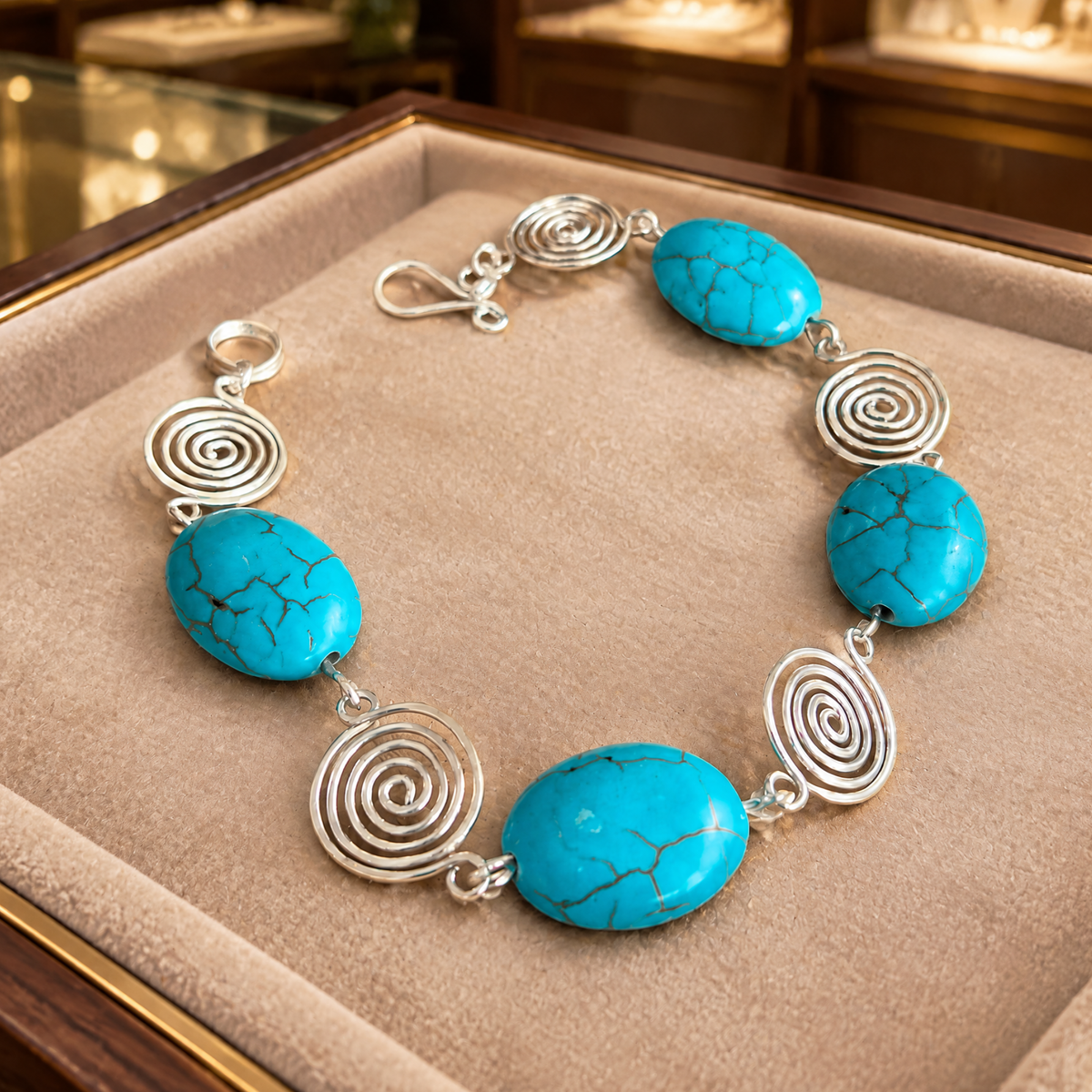 Turquoise Silver Spiral Bracelet, Handmade Wire Jewellery, Gift for Her