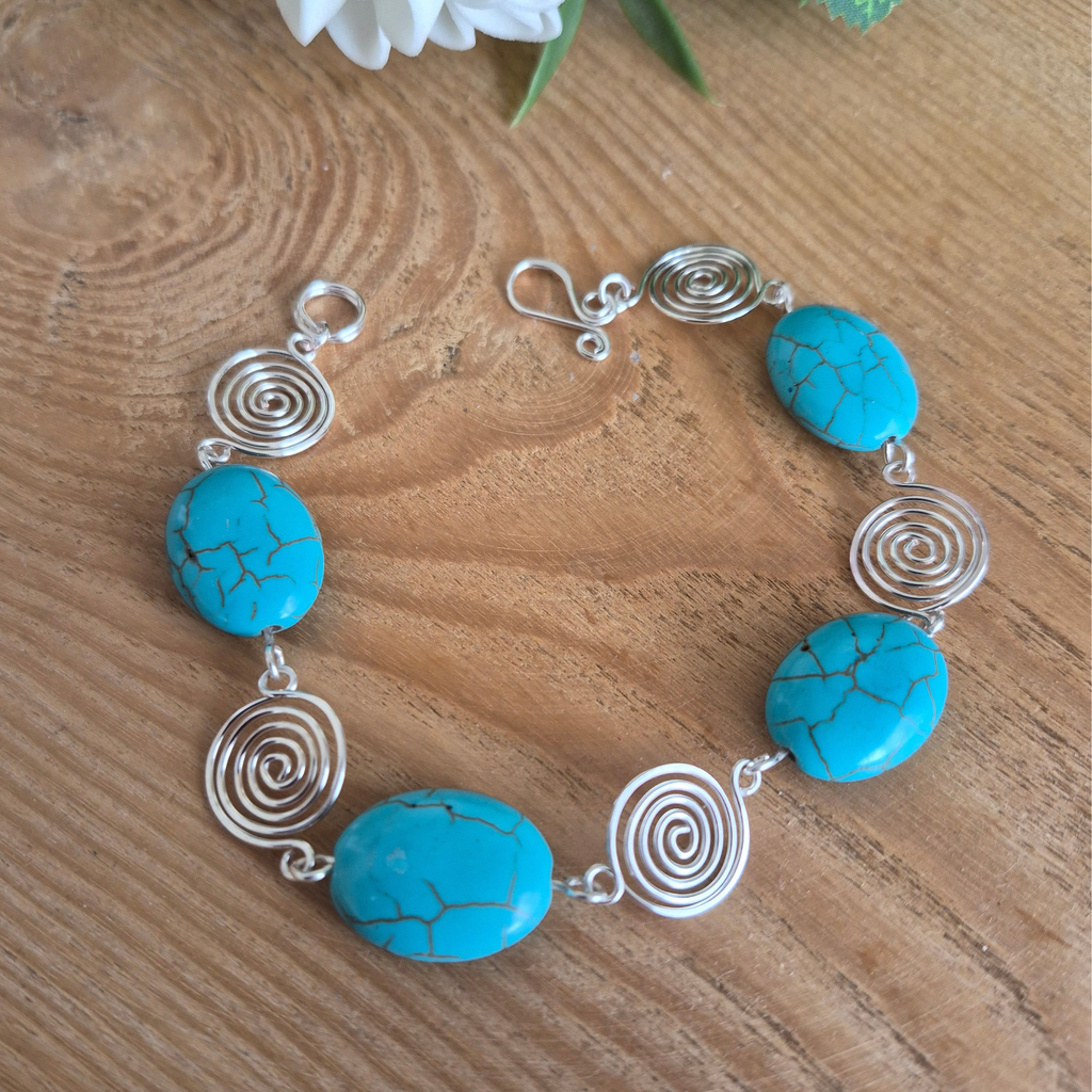 Turquoise Silver Spiral Bracelet, Handmade Wire Jewellery, Gift for Her
