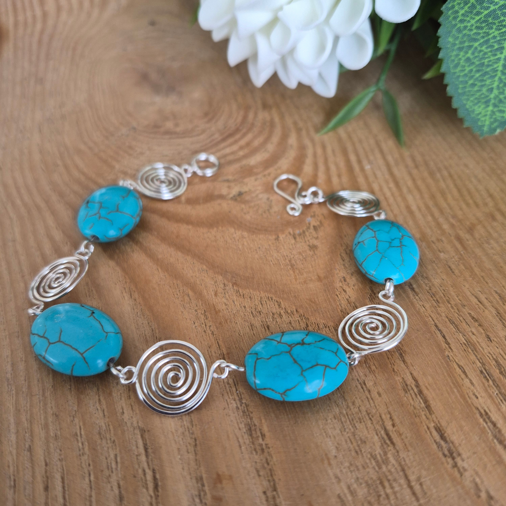 Turquoise Silver Spiral Bracelet, Handmade Wire Jewellery, Gift for Her