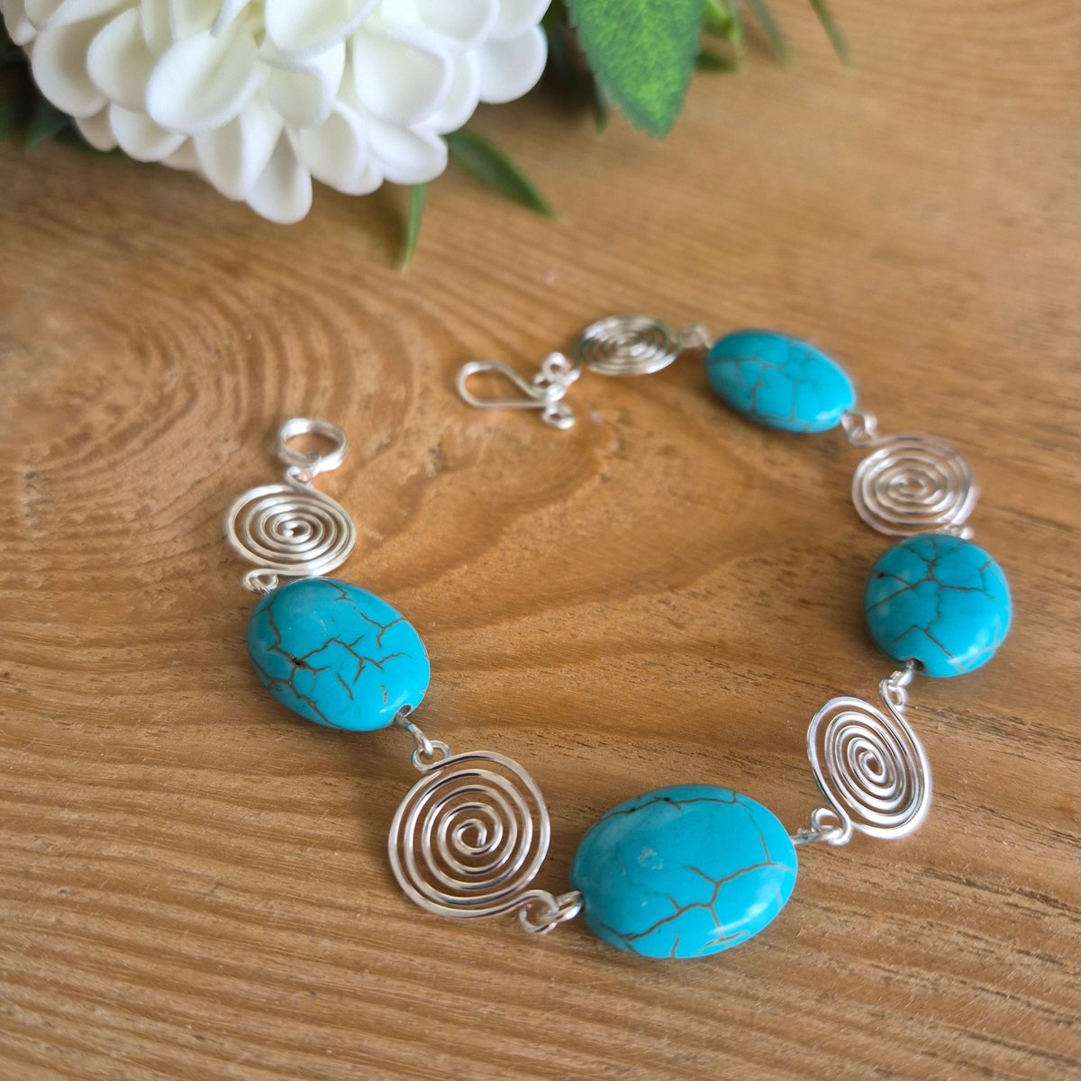 Turquoise Silver Spiral Bracelet, Handmade Wire Jewellery, Gift for Her