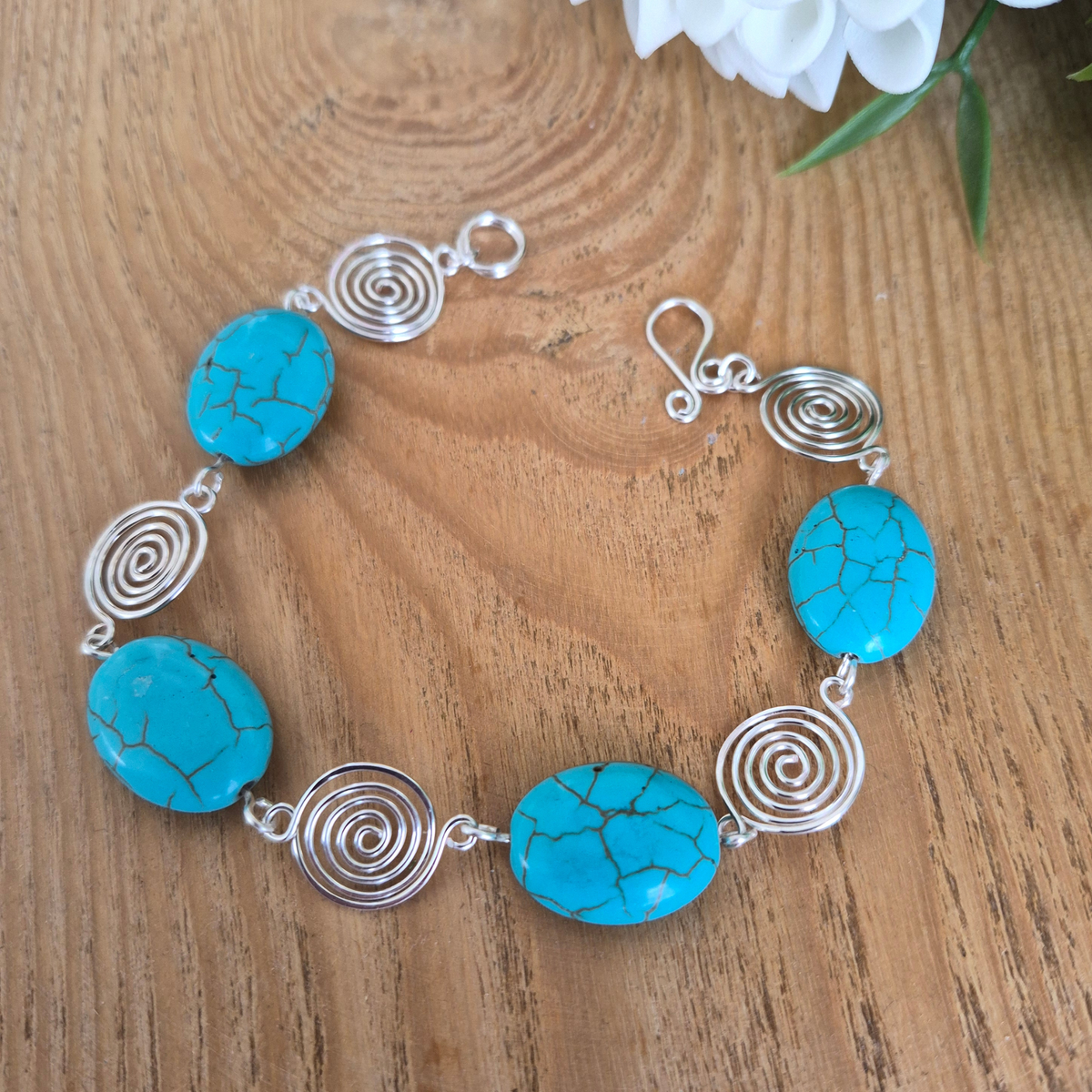 Turquoise Silver Spiral Bracelet, Handmade Wire Jewellery, Gift for Her