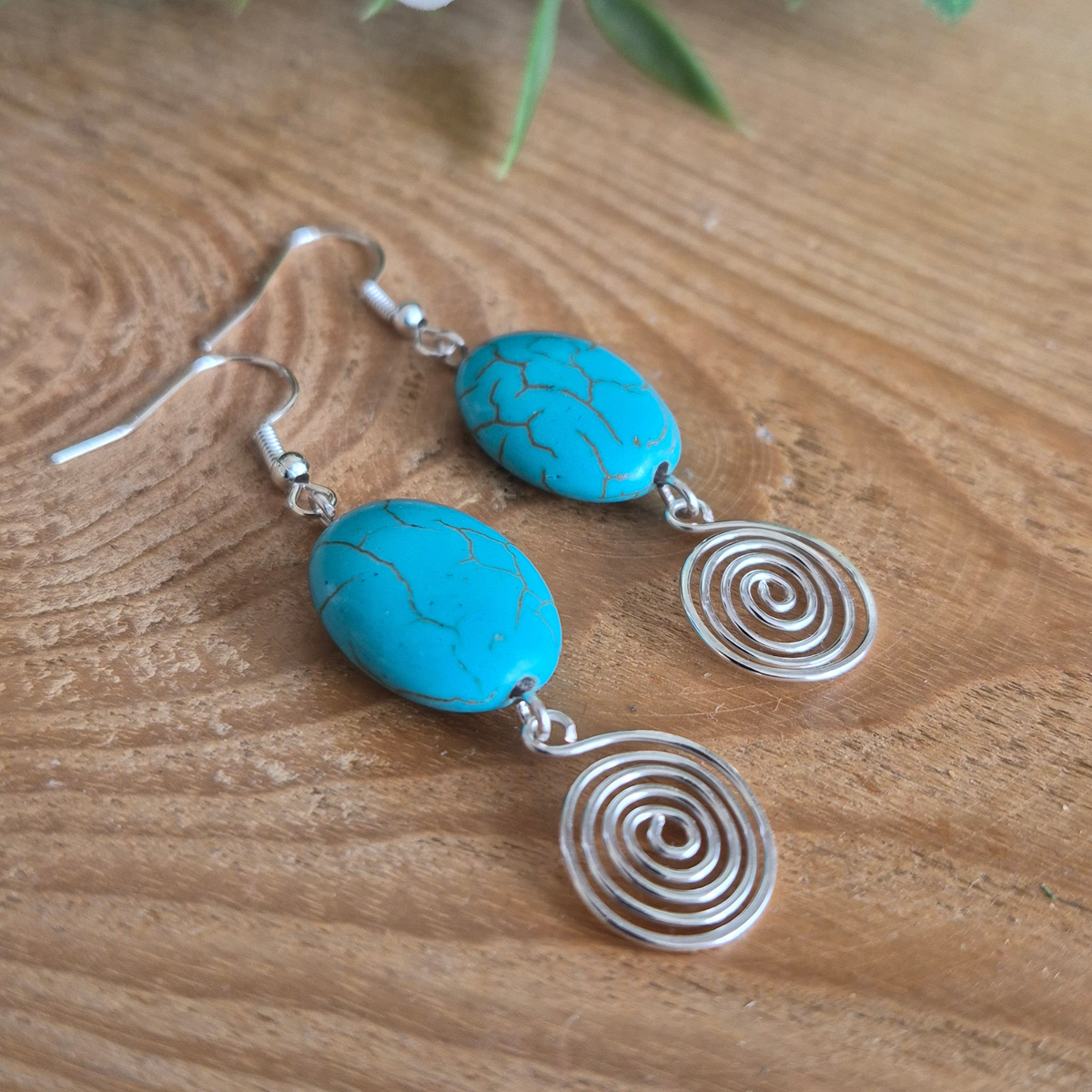 Turquoise Open Silver Spiral Earrings, Handmade Gemstone Drop Earrings, Gift for Her