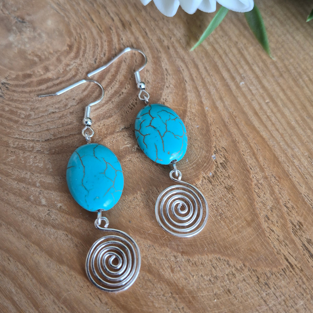 Turquoise Open Silver Spiral Earrings, Handmade Gemstone Drop Earrings, Gift for Her