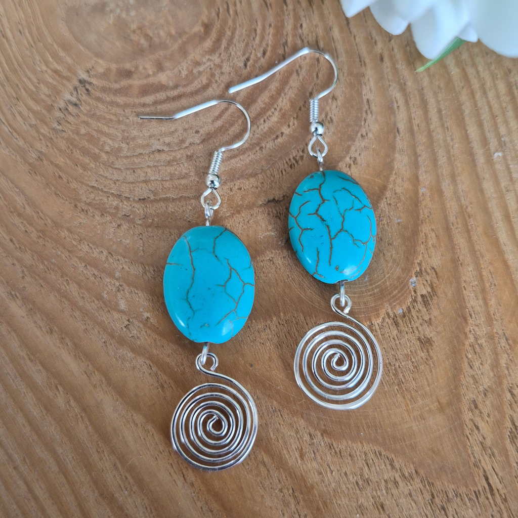 Turquoise Open Silver Spiral Earrings, Handmade Gemstone Drop Earrings, Gift for Her