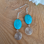 Turquoise Open Silver Spiral Earrings, Handmade Gemstone Drop Earrings, Gift for Her