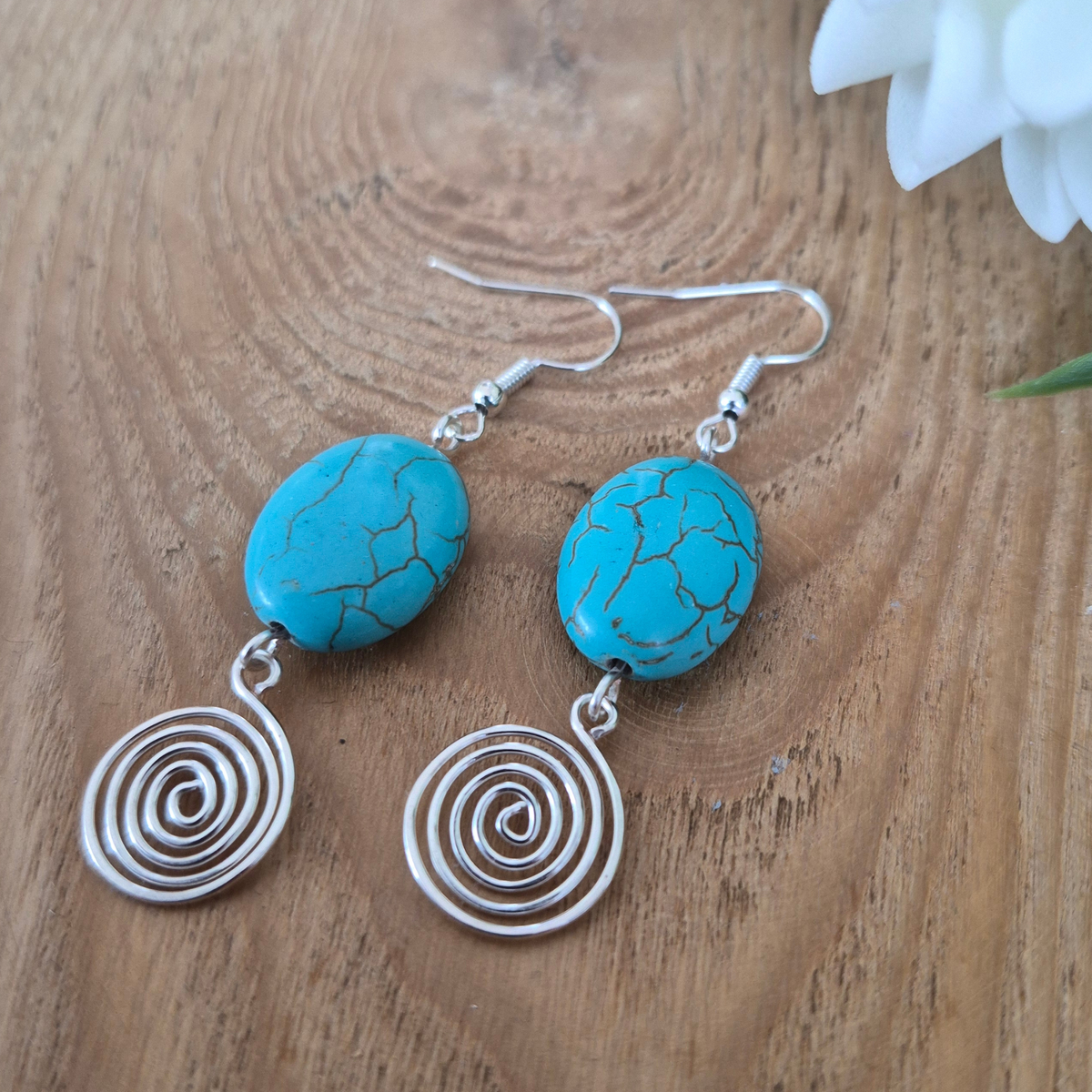 Turquoise Open Silver Spiral Earrings, Handmade Gemstone Drop Earrings, Gift for Her