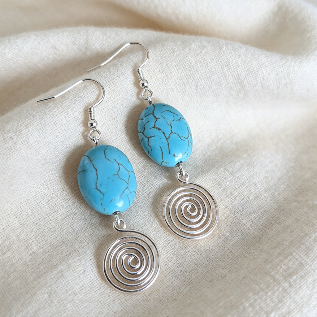 Turquoise Open Silver Spiral Earrings, Handmade Gemstone Drop Earrings, Gift for Her