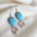 Turquoise Open Silver Spiral Earrings, Handmade Gemstone Drop Earrings, Gift for Her