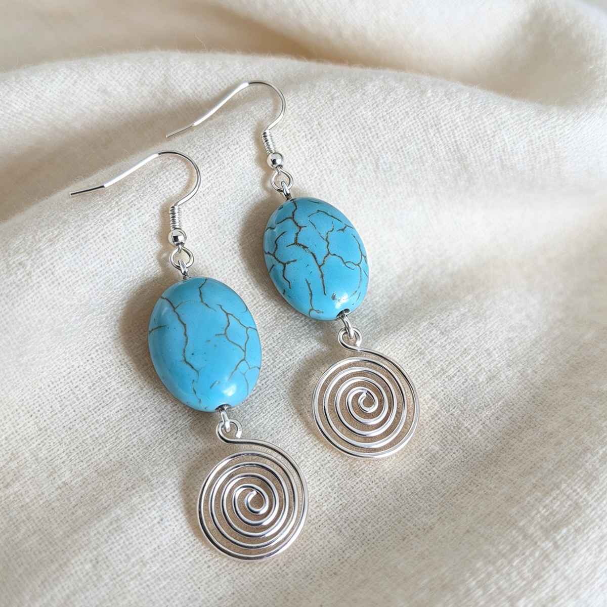 Turquoise Open Silver Spiral Earrings, Handmade Gemstone Drop Earrings, Gift for Her