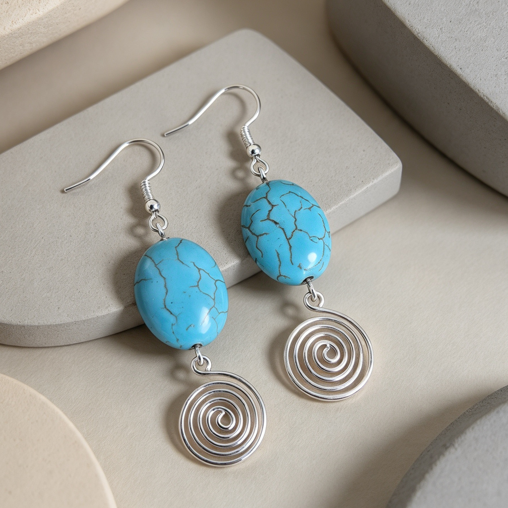 Turquoise Open Silver Spiral Earrings, Handmade Gemstone Drop Earrings, Gift for Her