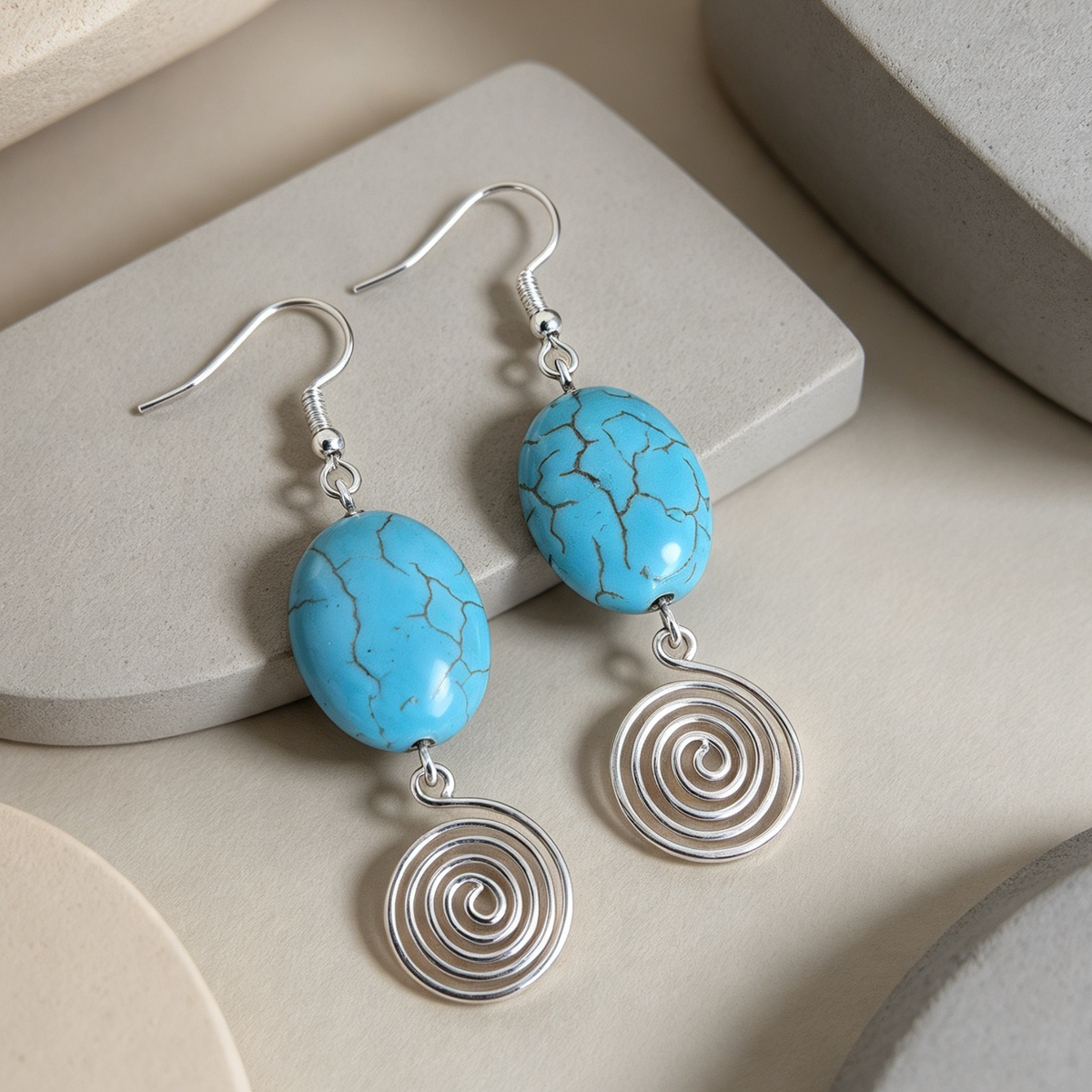 Turquoise Open Silver Spiral Earrings, Handmade Gemstone Drop Earrings, Gift for Her