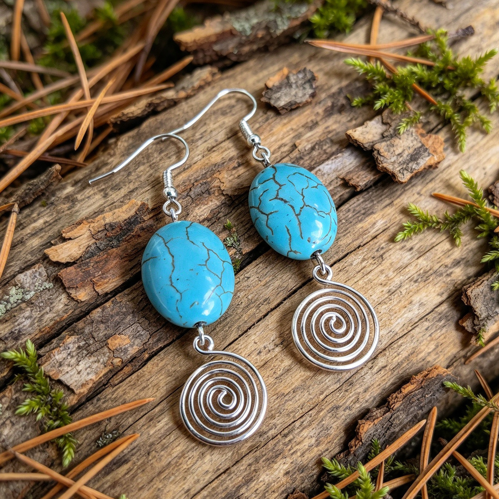 Turquoise Open Silver Spiral Earrings, Handmade Gemstone Drop Earrings, Gift for Her