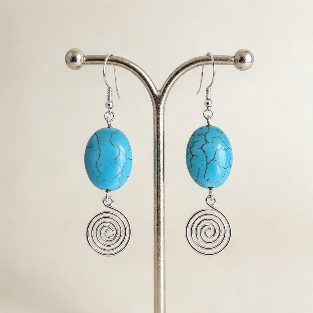 Turquoise Open Silver Spiral Earrings, Handmade Gemstone Drop Earrings, Gift for Her