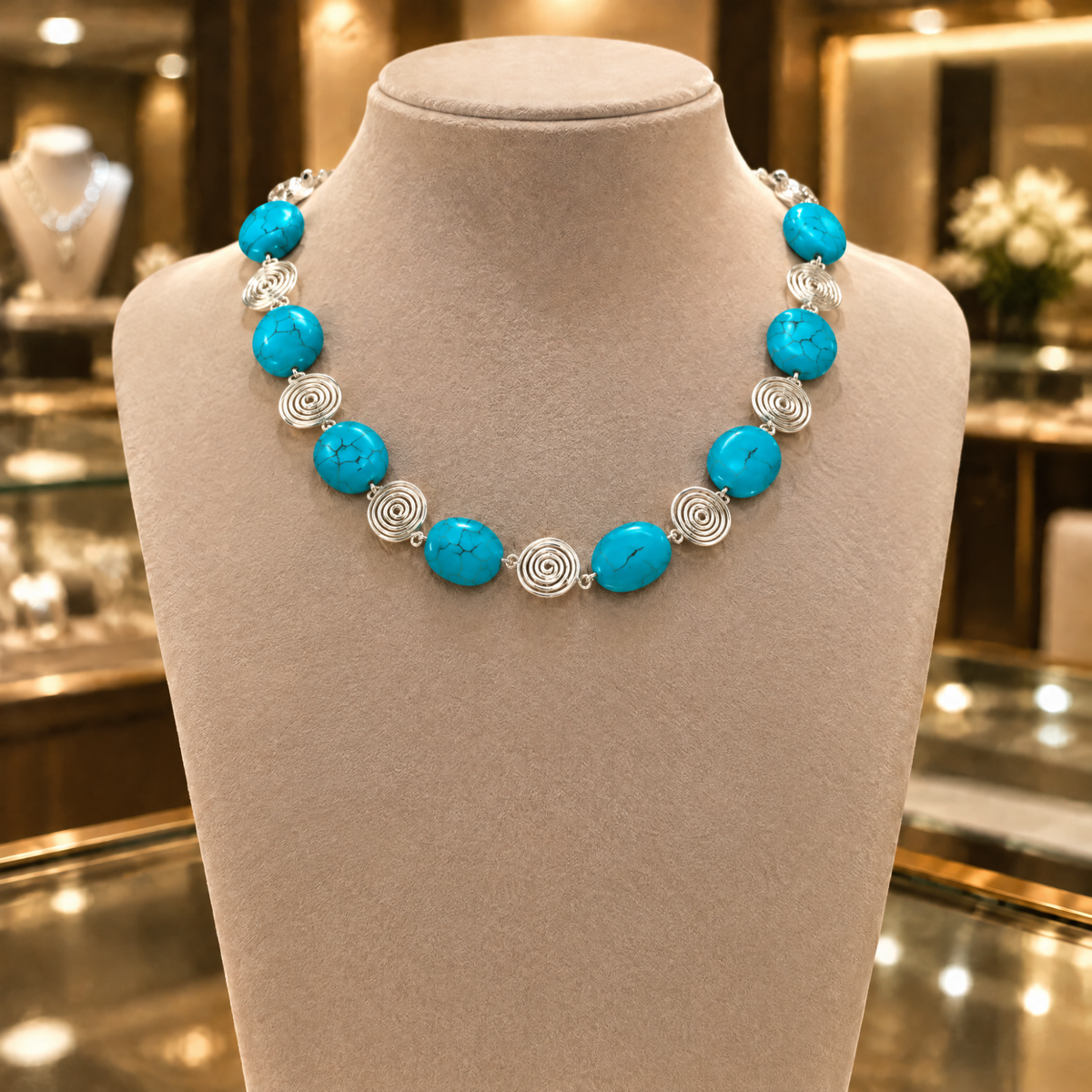 Turquoise Silver Spiral Necklace, Handmade Wire and Bead Jewellery, Gift for Her
