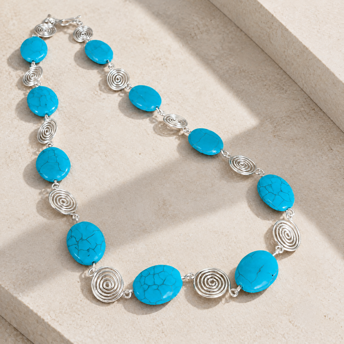 Turquoise Silver Spiral Necklace, Handmade Wire and Bead Jewellery, Gift for Her