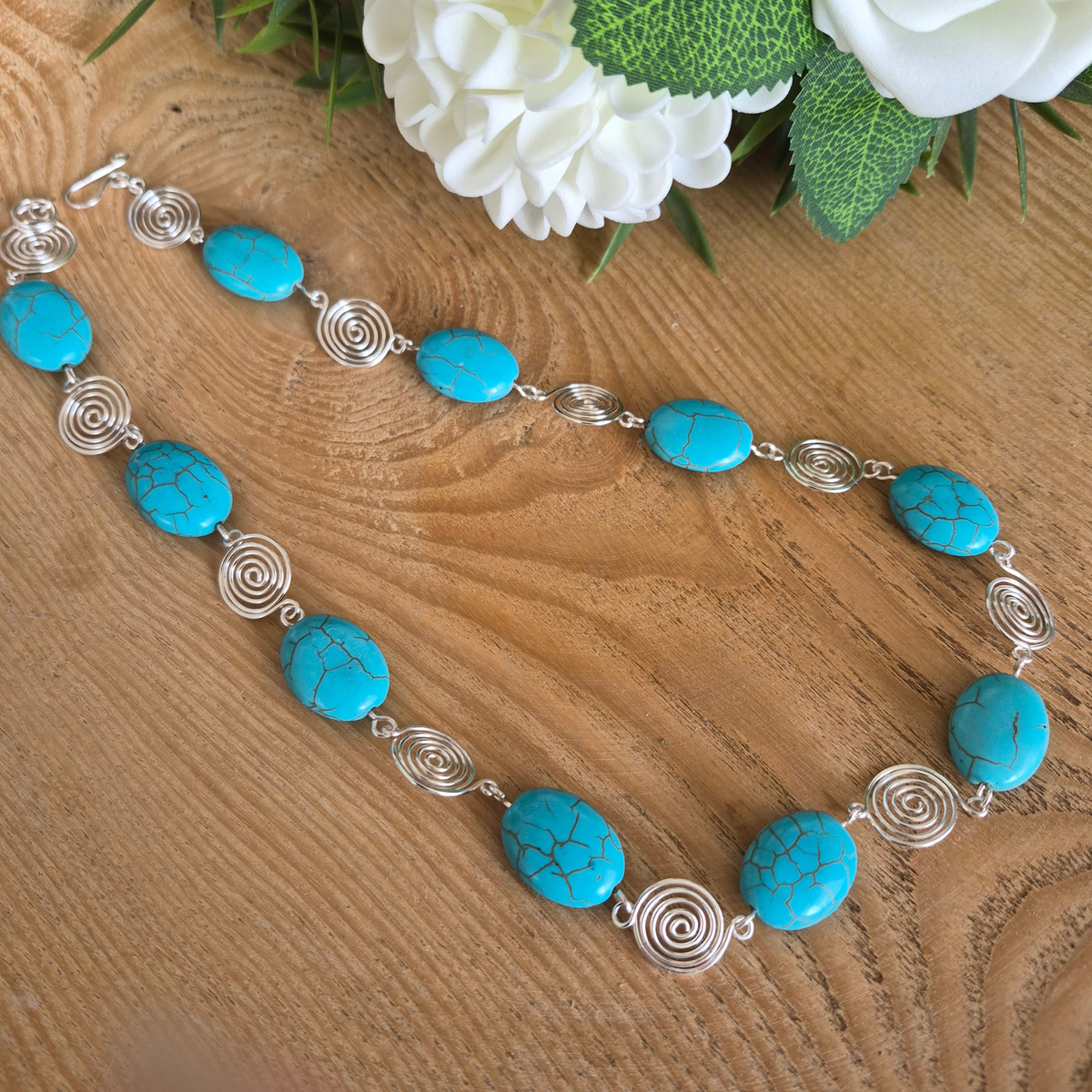 Turquoise Silver Spiral Necklace, Handmade Wire and Bead Jewellery, Gift for Her