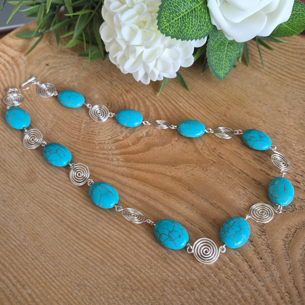 Turquoise Silver Spiral Necklace, Handmade Wire and Bead Jewellery, Gift for Her