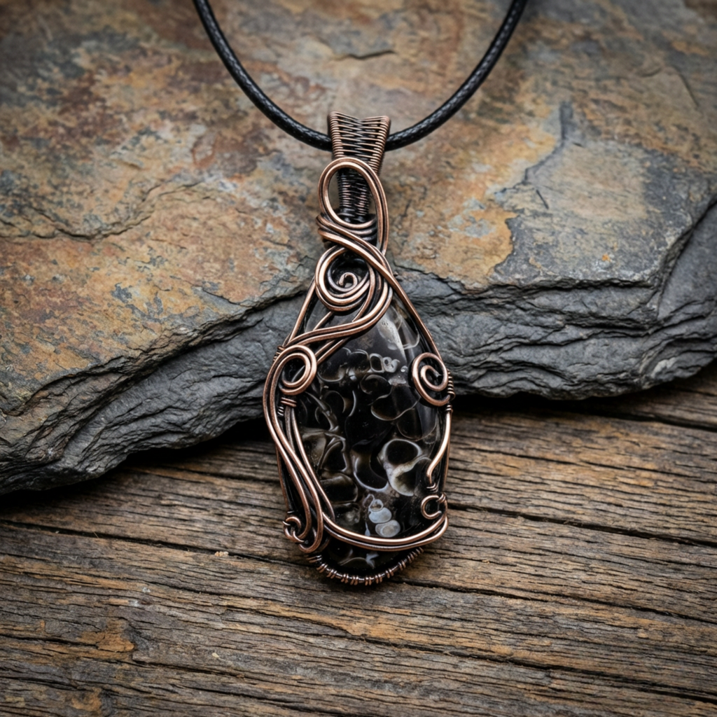 Copper wire-wrapped Turritella Agate pendant with a dark stone on a wooden surface