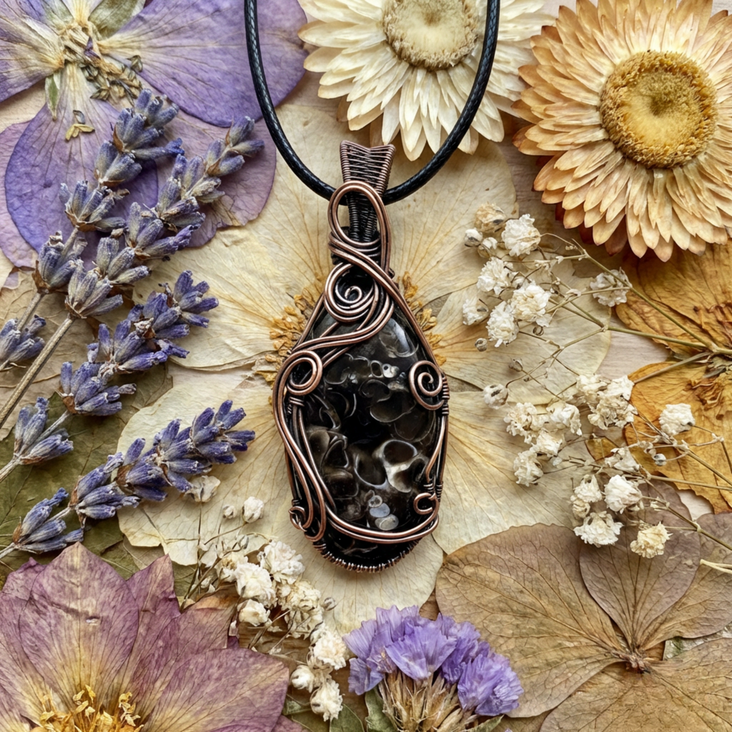 Copper wire-wrapped pendant on a bed of dried flowers