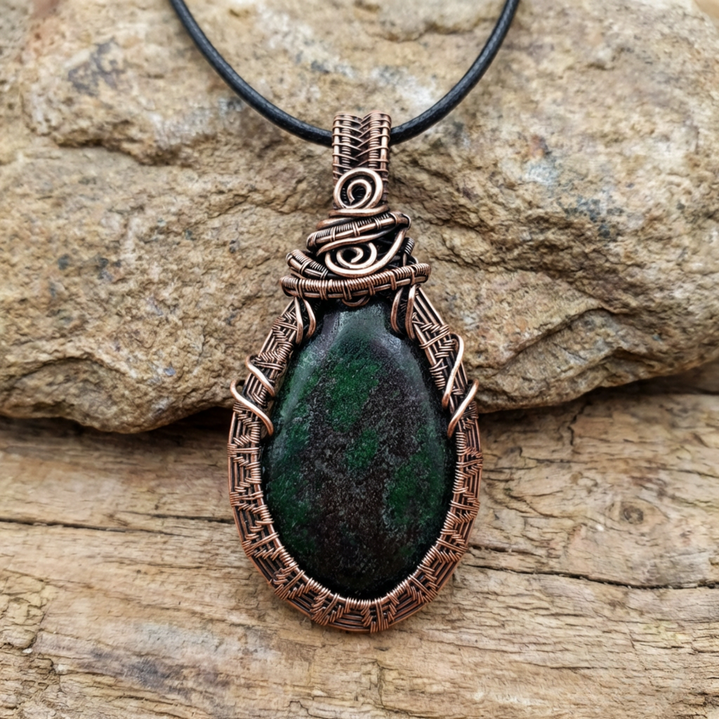 Copper-wrapped pendant with a green stone on a wooden surface