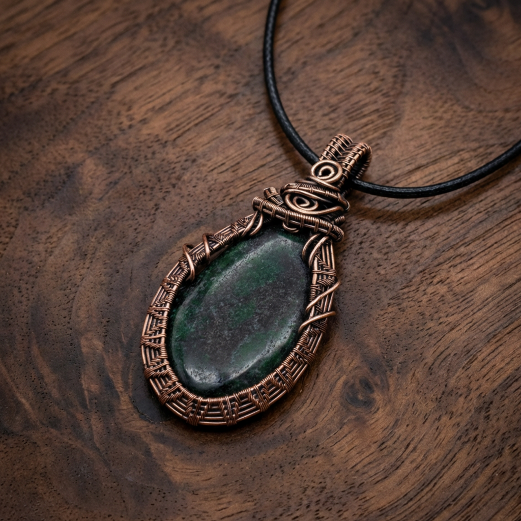 Decorative pendant with green stone and bronzed copper frame on a wooden surface
