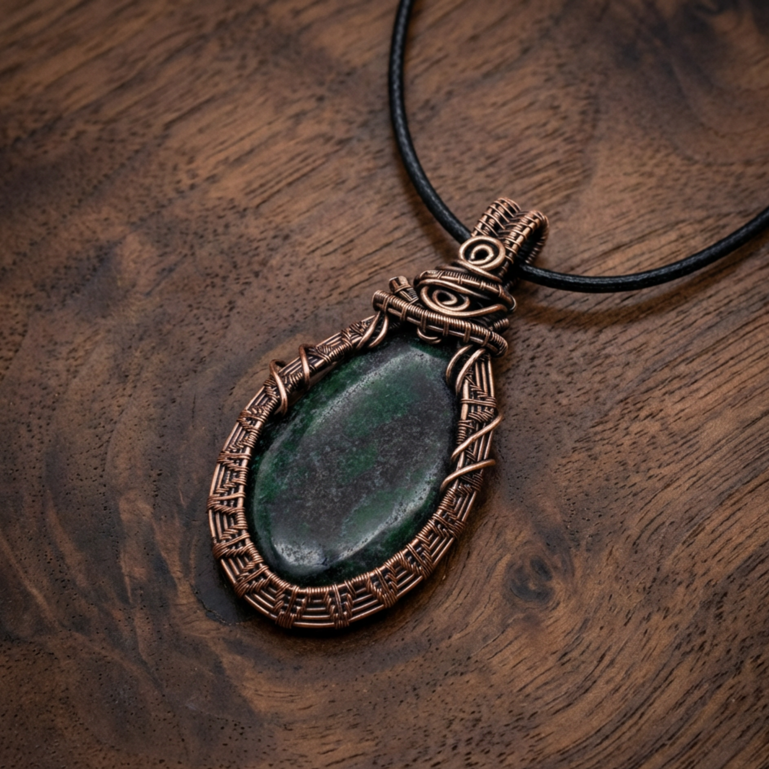 Decorative pendant with green stone and bronzed copper frame on a wooden surface