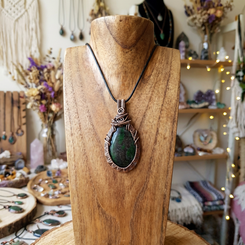 Necklace with a green pendant on a wooden mannequin bust in a cozy, decorative setting.