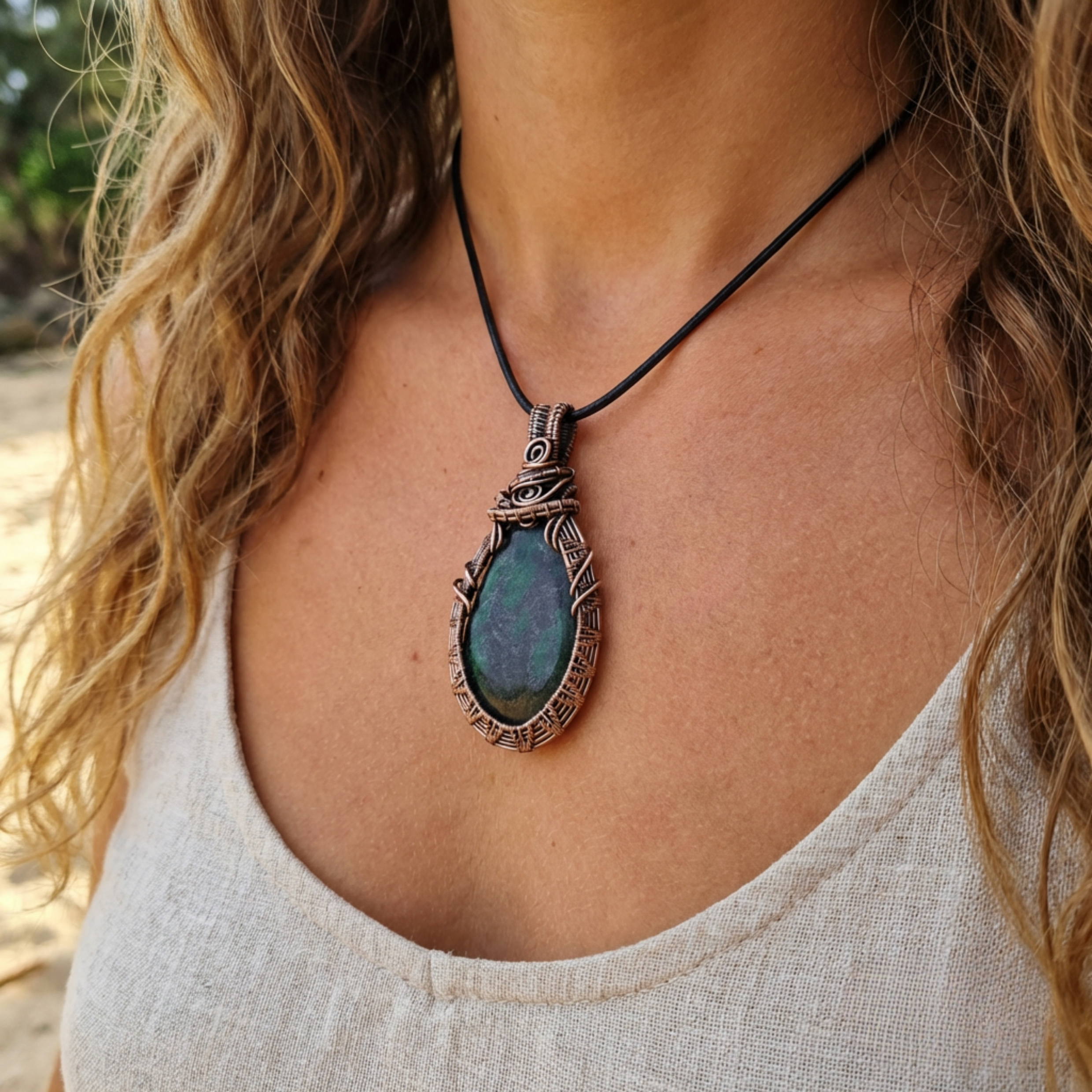 Necklace with a pendant worn by a person outdoors
