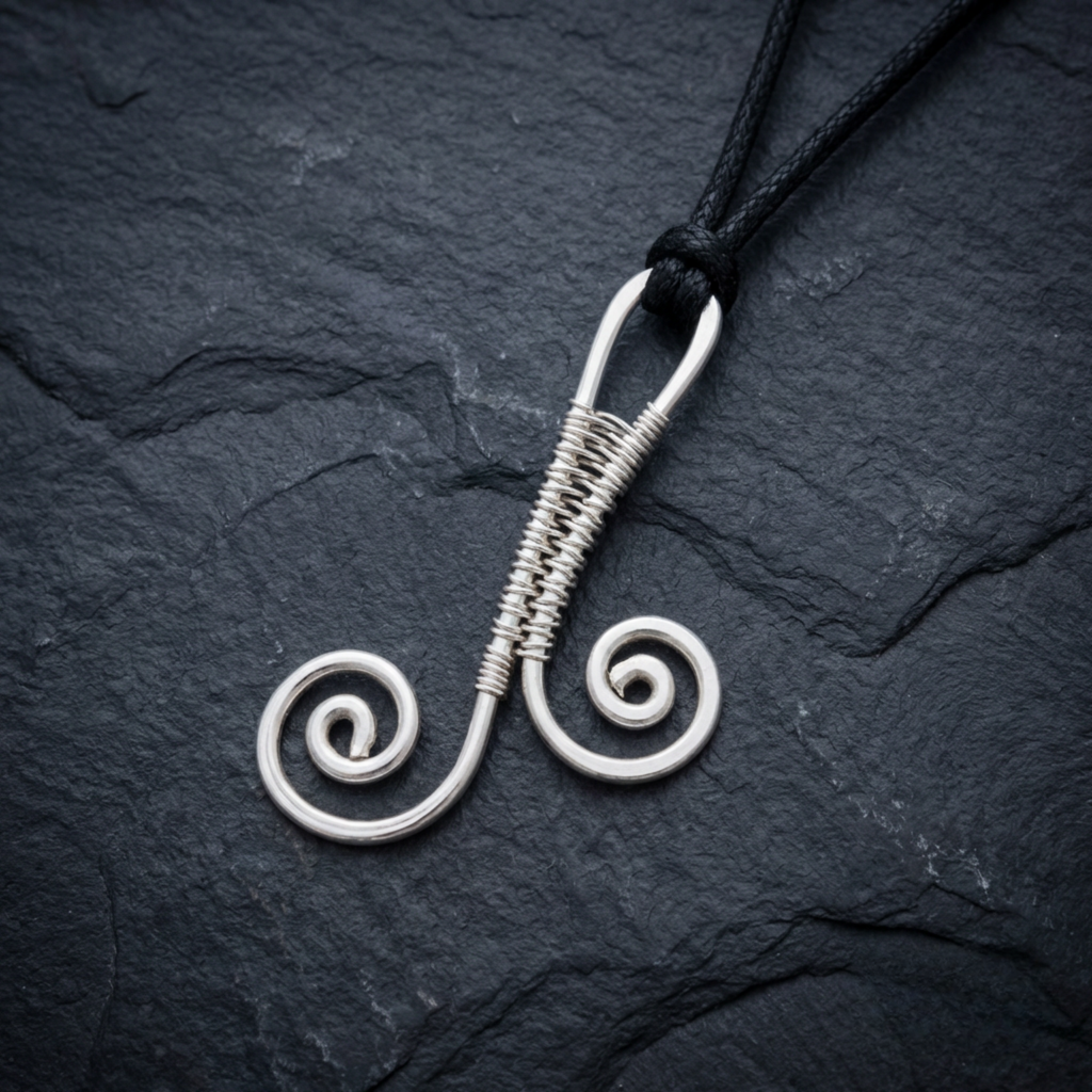 Silver spiral pendant on a black cord against a dark stone background