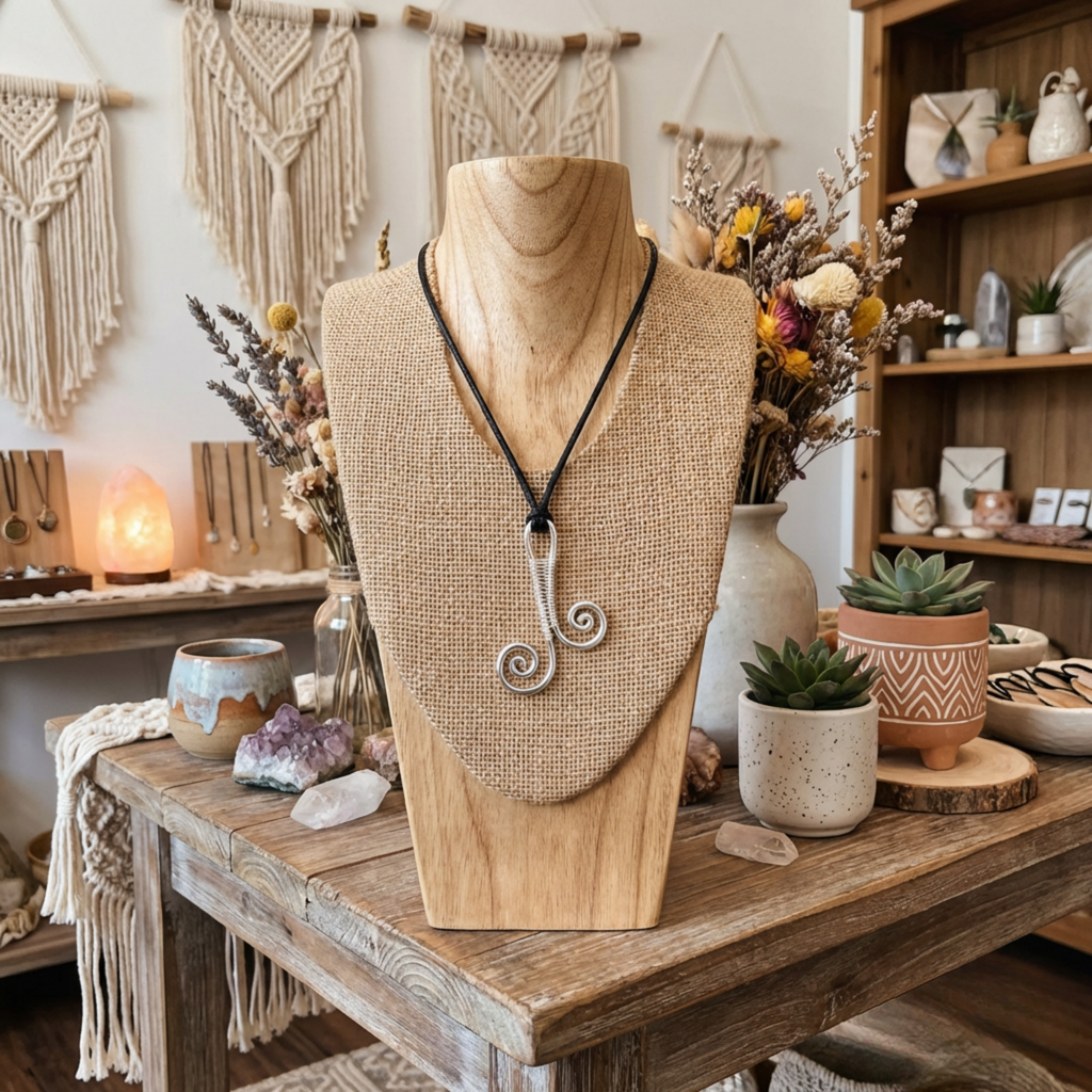 Necklace on a wooden mannequin bust with a rustic interior setting