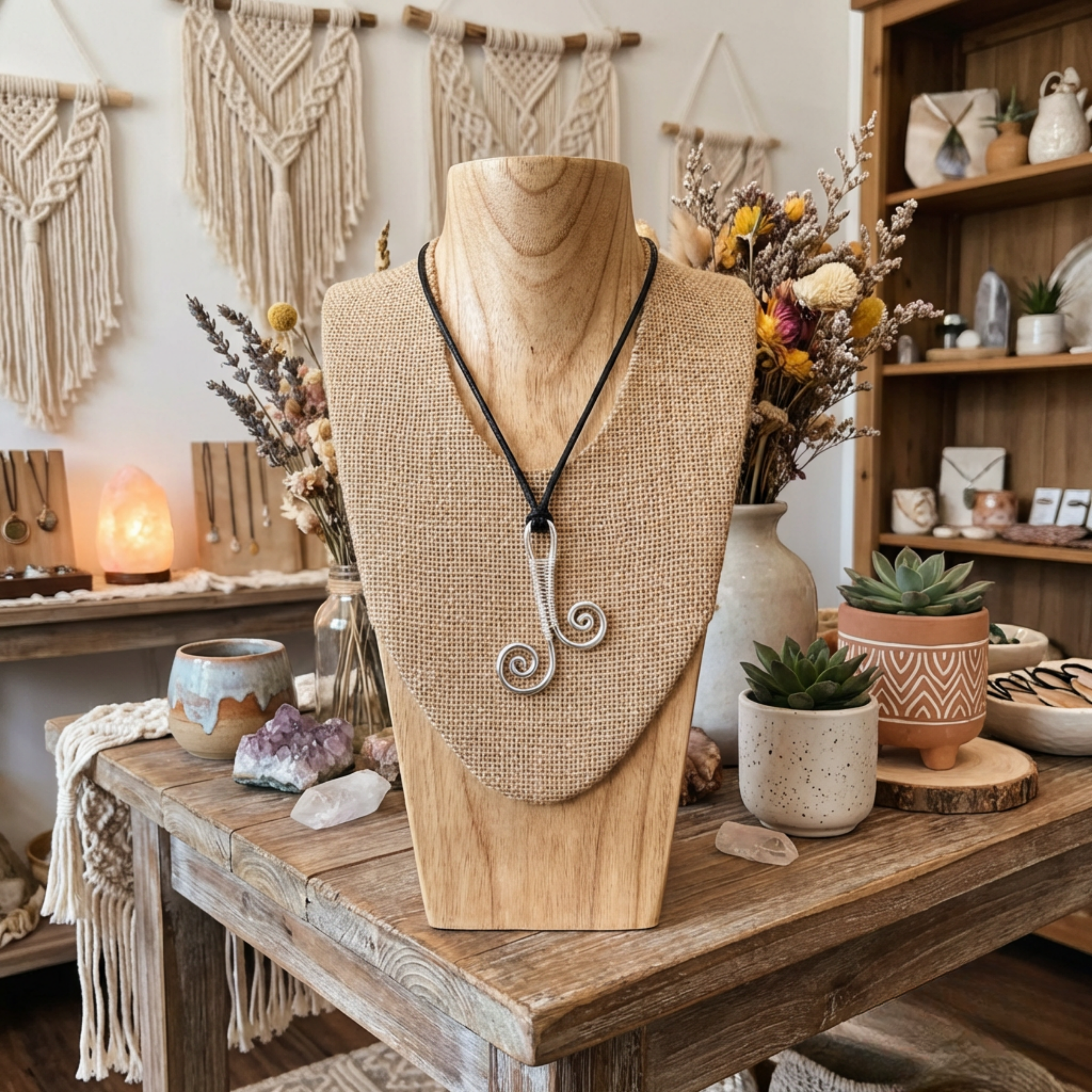 Necklace on a wooden mannequin bust with a rustic interior setting