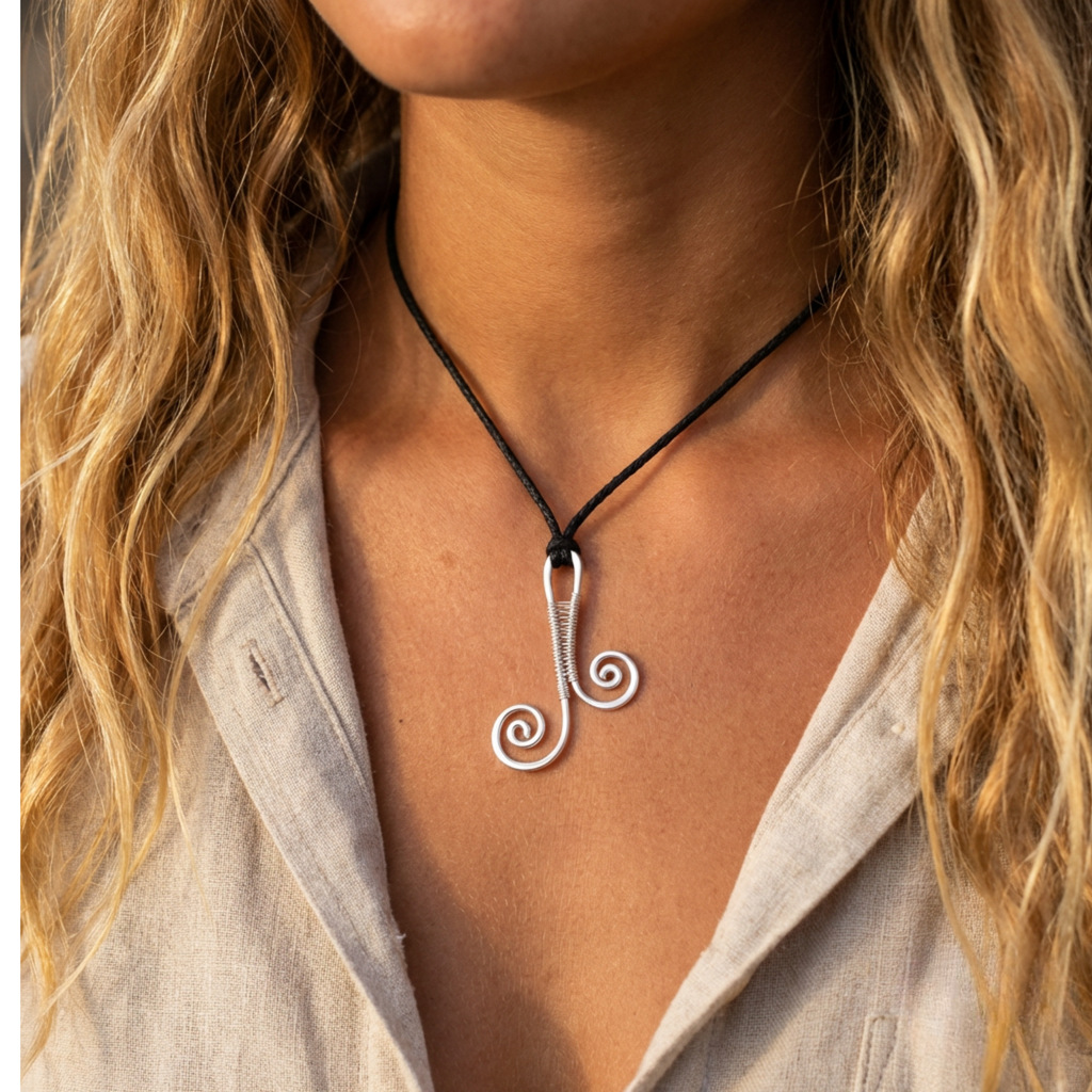 Person wearing a necklace with a silver spiral pendant