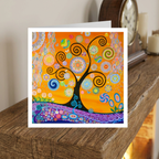 Colourful abstract card with a tree design on a wooden surface
