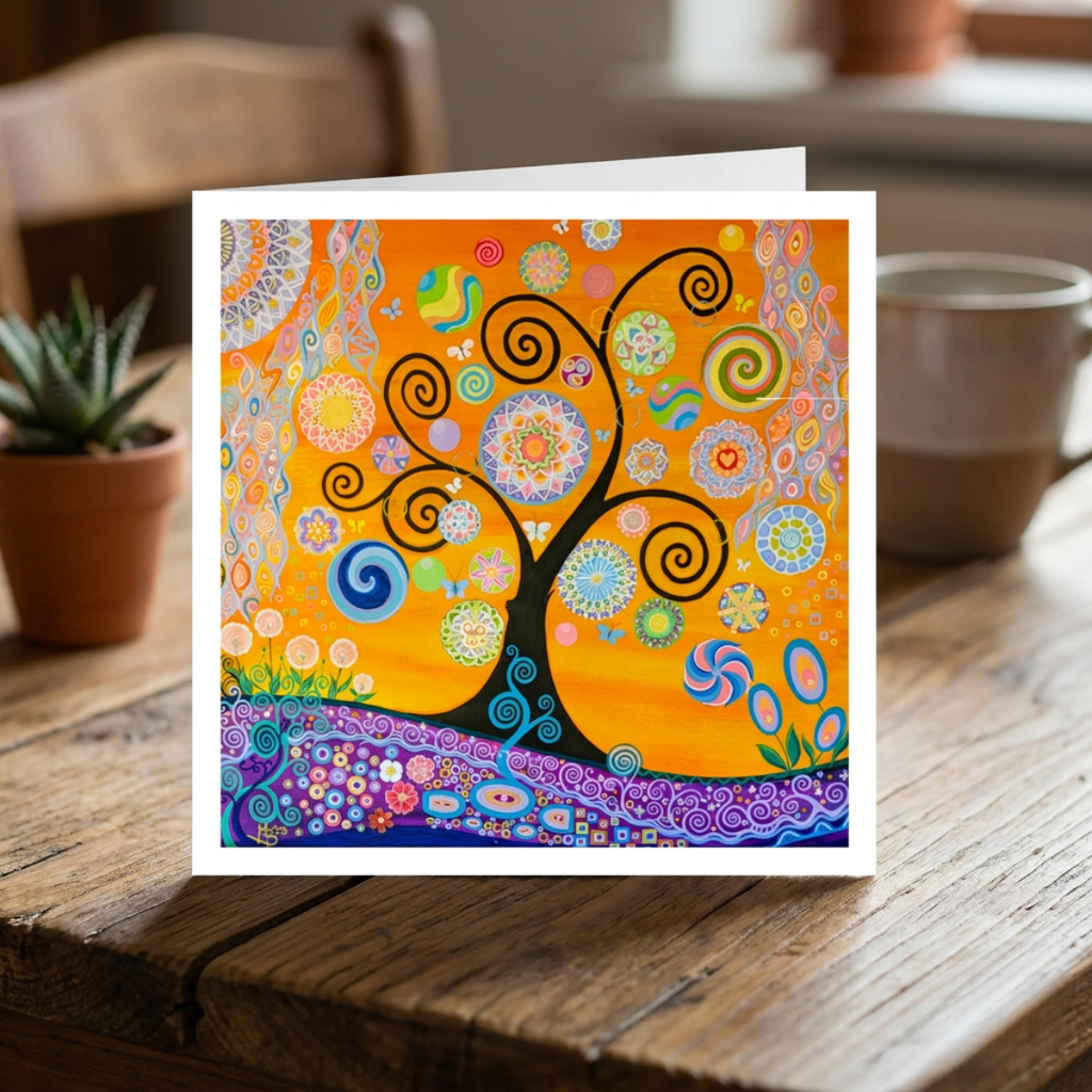 Colourful abstract tree design on a greeting card placed on a wooden surface with a cup and plant in the background.