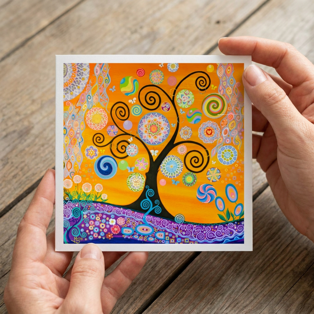 Colourful tree of life design on a card held by hands on a wooden surface